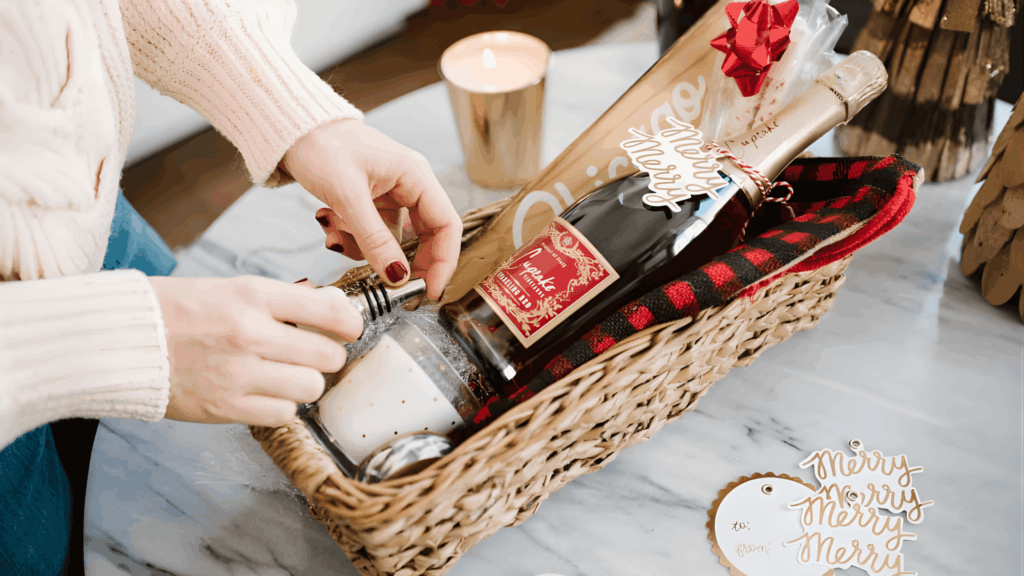 person placing candle and wine bottle in wicker basket gift set for homemade gifts made easy