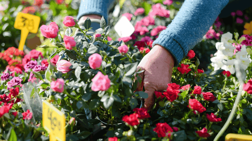 How to Plant Roses for Strong Roots & Blooms? person selecting small rose plants in garden center display showing young plants before learning how to plant roses and rose bushes