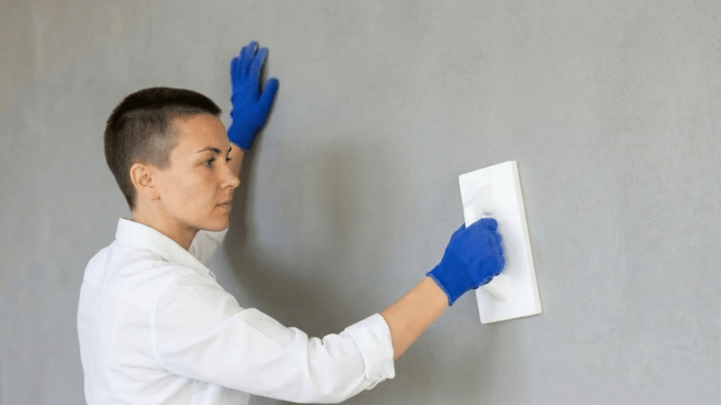 person using trowel to apply plaster smoothly across wall surface renovation work