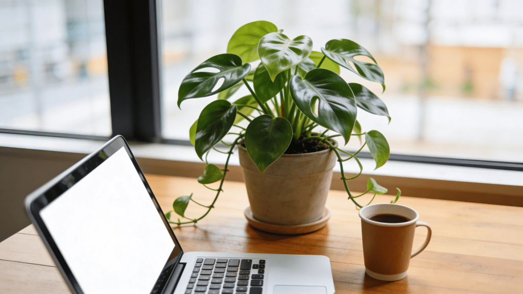 philodendron plant with heart shaped leaves on desk