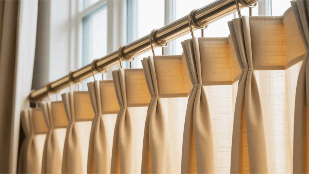 pleated beige fabric curtains attached to metal rings on curtain rod with warm light softly passing through curtain styles