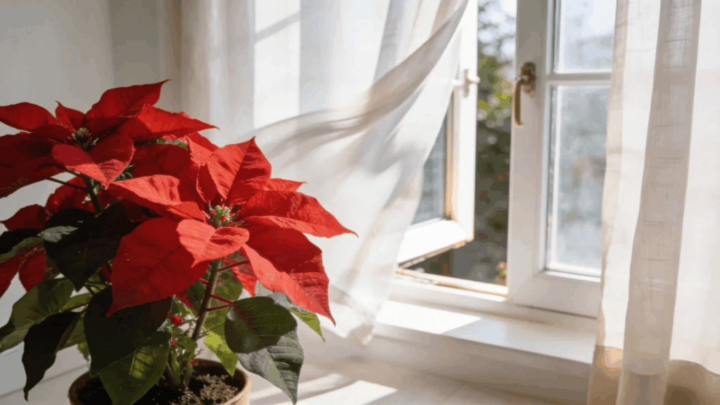 poinsettia care red plant by open window with sunlight showing proper light and airflow for healthy growth