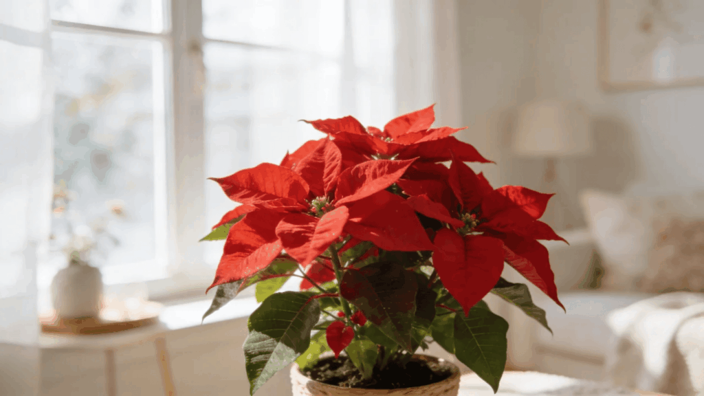 How to Care for Your Poinsettia Plant As a Beginner? poinsettia care red plant near window showing ideal light for healthy indoor growth
