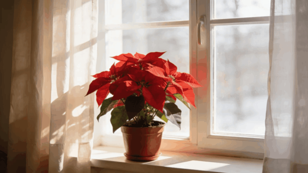 poinsettia care red plant on sunny windowsill in pot showing healthy leaves and indoor placement