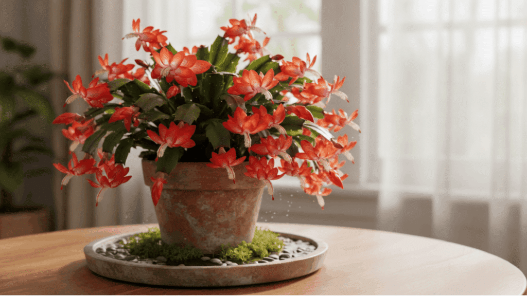 potted cactus with orange flowers on table