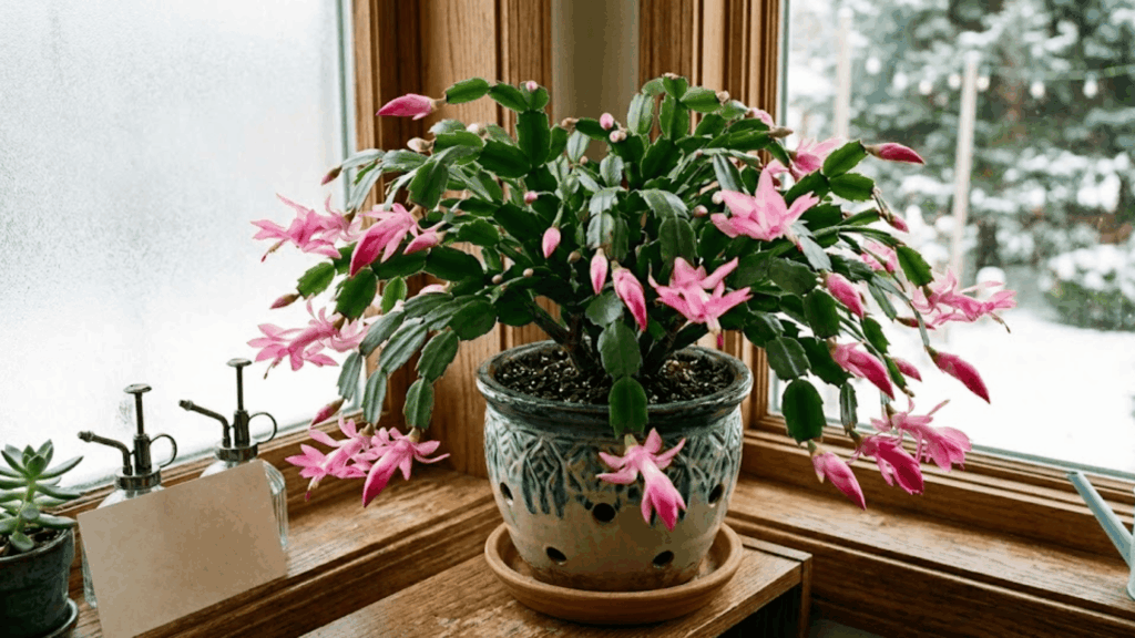 potted plant with pink flowers on windowsill with natural light and outdoor background visible