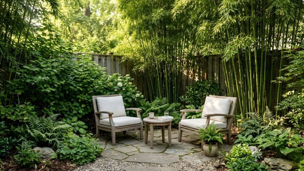 quiet garden seating area surrounded by bamboo reflecting peaceful backyard oasis ideas for small spaces