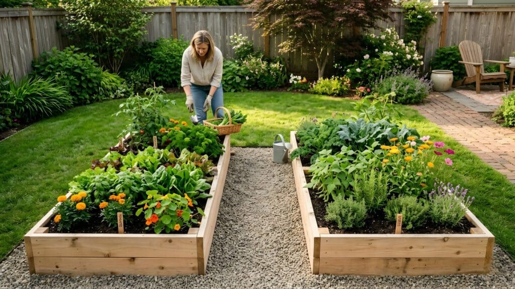 raised garden bed oasis with fresh vegetables and flowers showing productive backyard oasis ideas