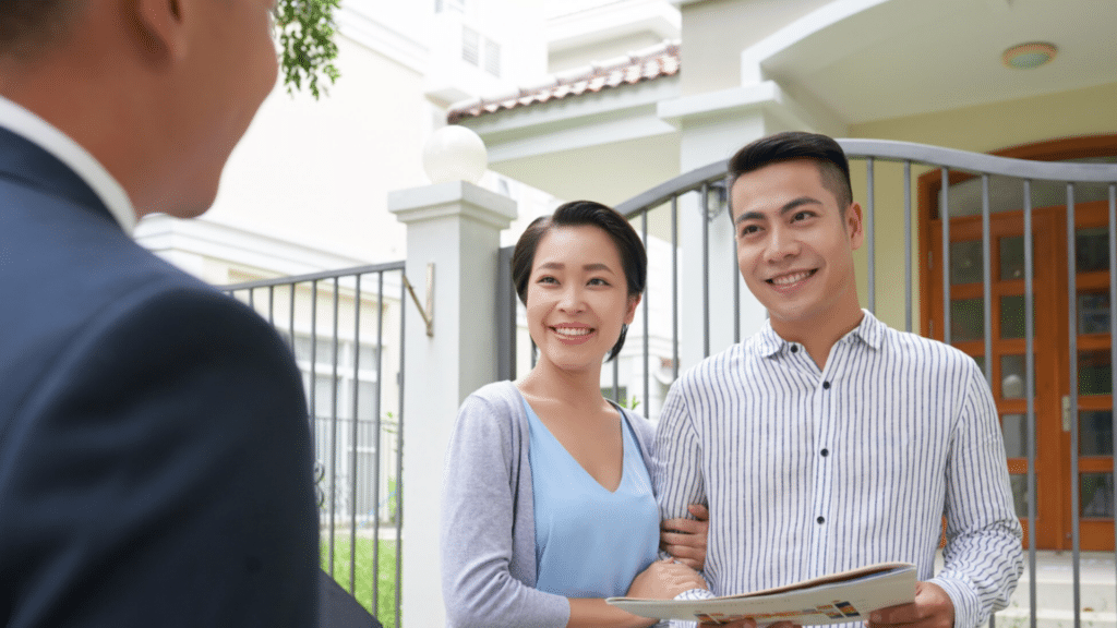 What Is a Real Estate Broker and How Do They Affect You? real estate agent showing house to couple outside home discussing property details and reviewing documents