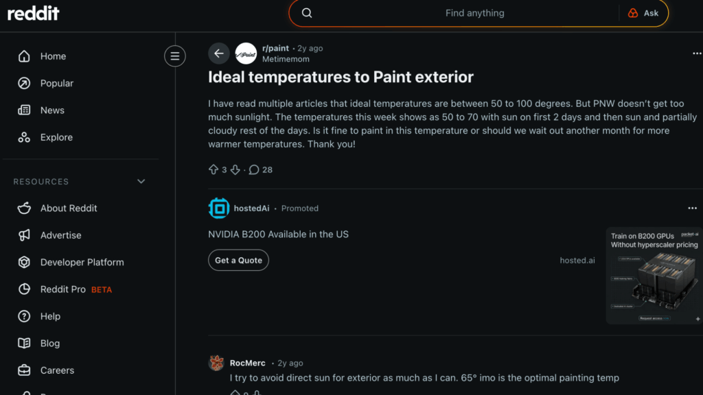 reddit discussion about best temperature for painting outside and user opinions on ideal weather conditions