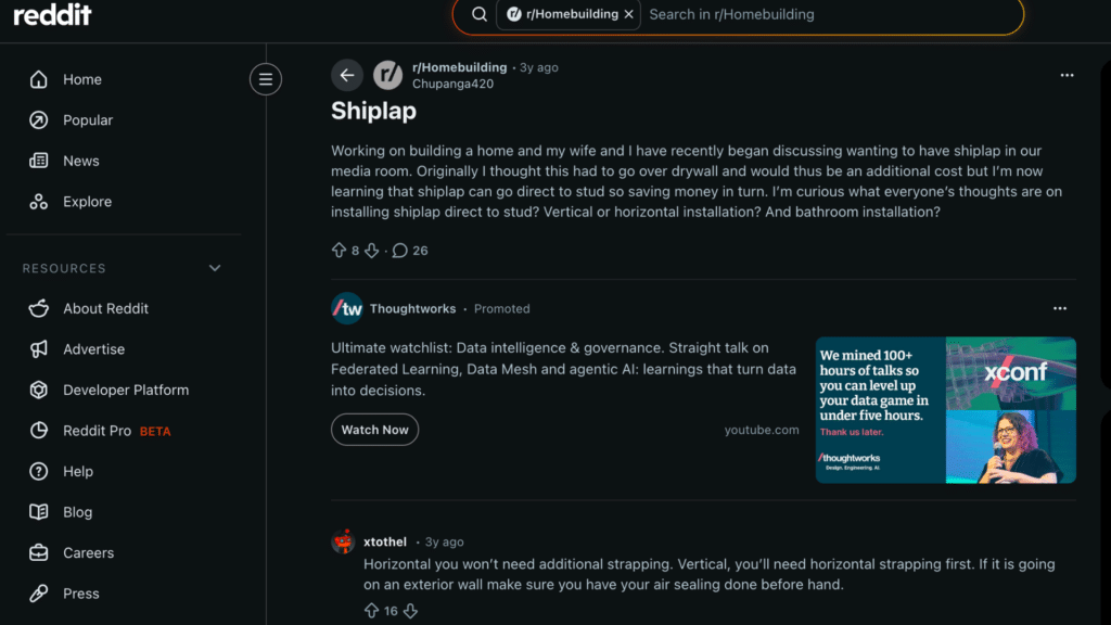 reddit post discussing shiplap installation asking about mounting to studs and choosing horizontal or vertical boards