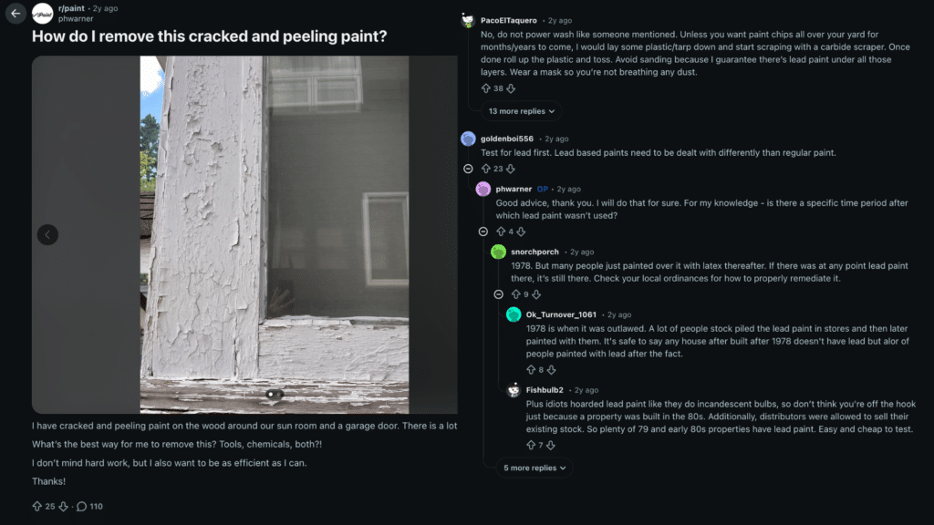 reddit users discussing methods to remove peeling paint from different surfaces
