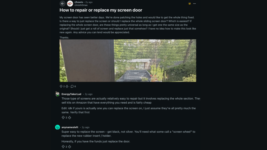 reddit users suggest how to repair screen door by replacing mesh using spline tool and checking frame fit