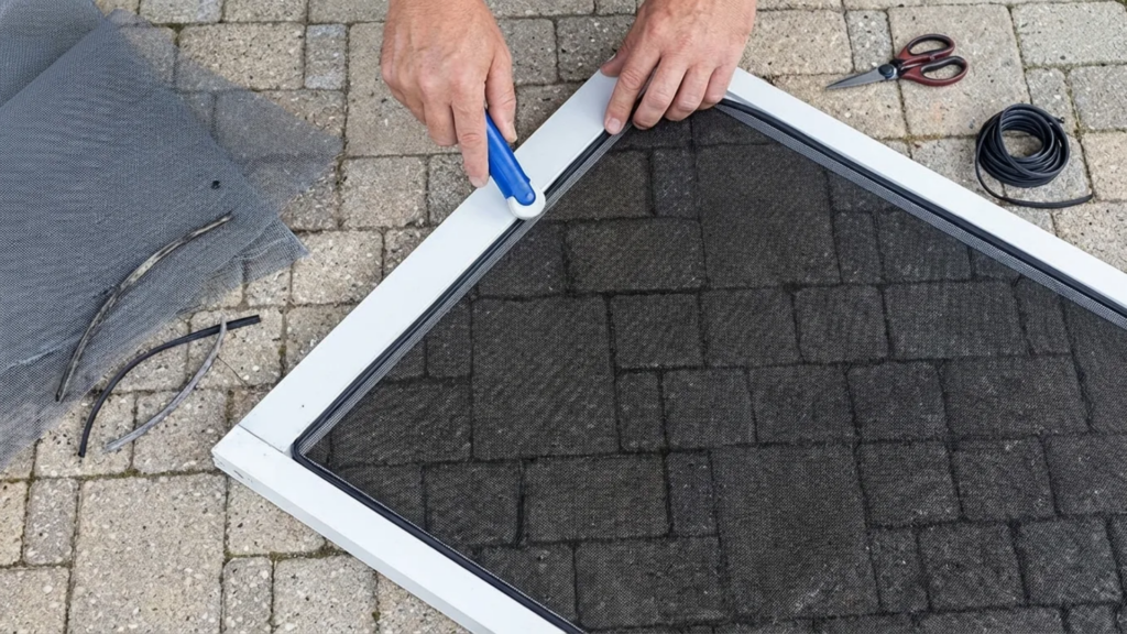 repair screen door by securing mesh with spline tool and ensuring tight fit along frame edges for durability
