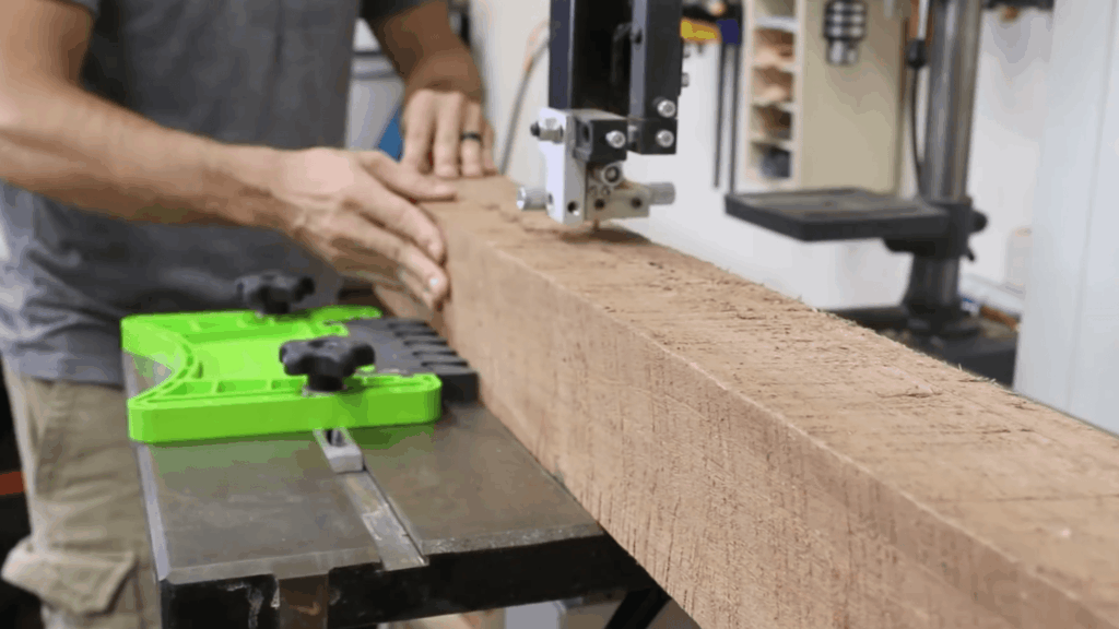 resawing wood board on bandsaw machine to create thinner pieces for diy end table build