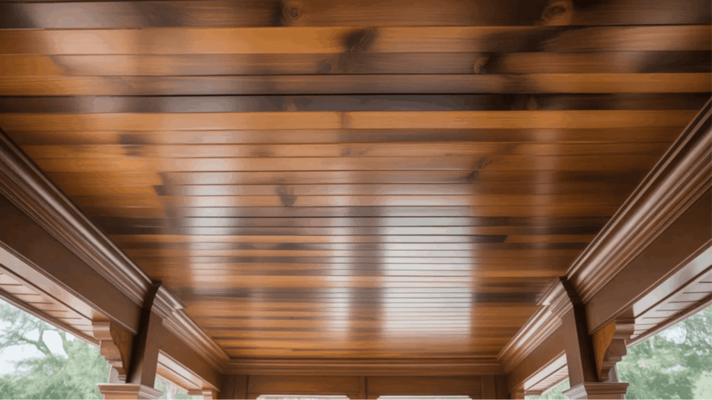 rich brown wood panel porch ceiling with detailed molding porch ceiling ideas