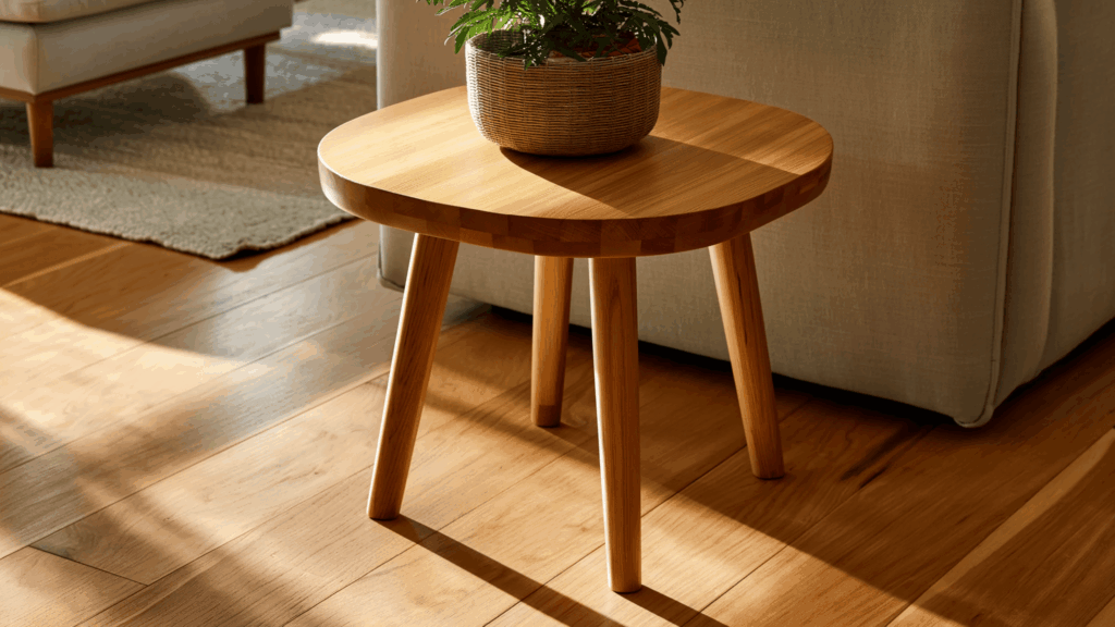 round wooden diy end table with tapered legs placed beside sofa in sunlit living room