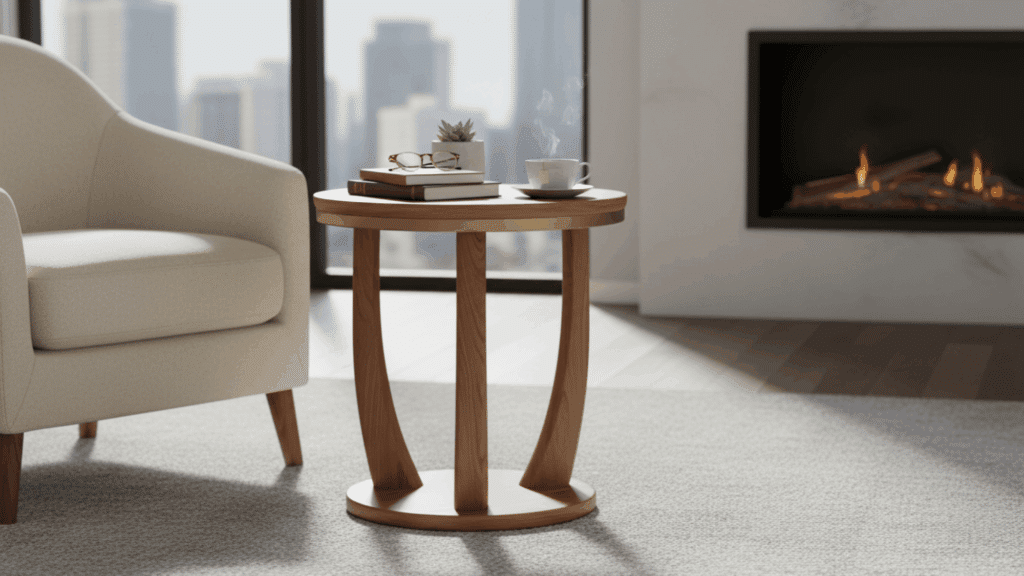 round wooden end table with curved legs beside chair with cup and books for diy furniture idea