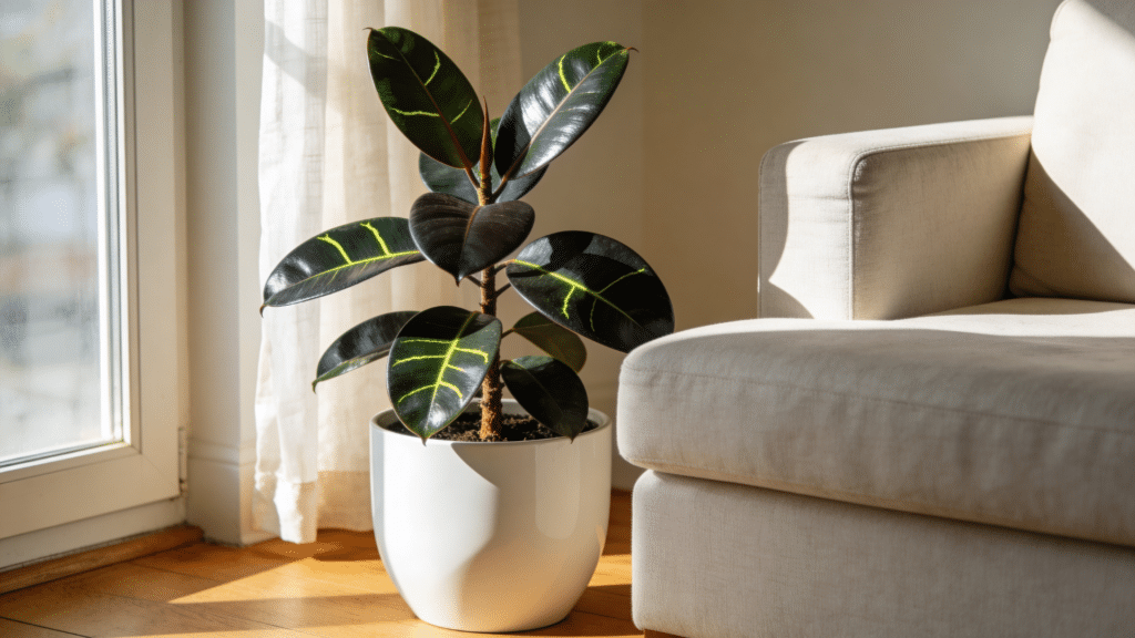 rubber plant with glossy leaves beside indoor sofa
