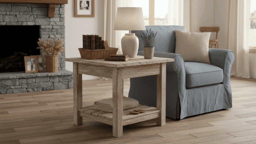 rustic farmhouse end table with shelf placed beside armchair with lamp and decor for diy home idea