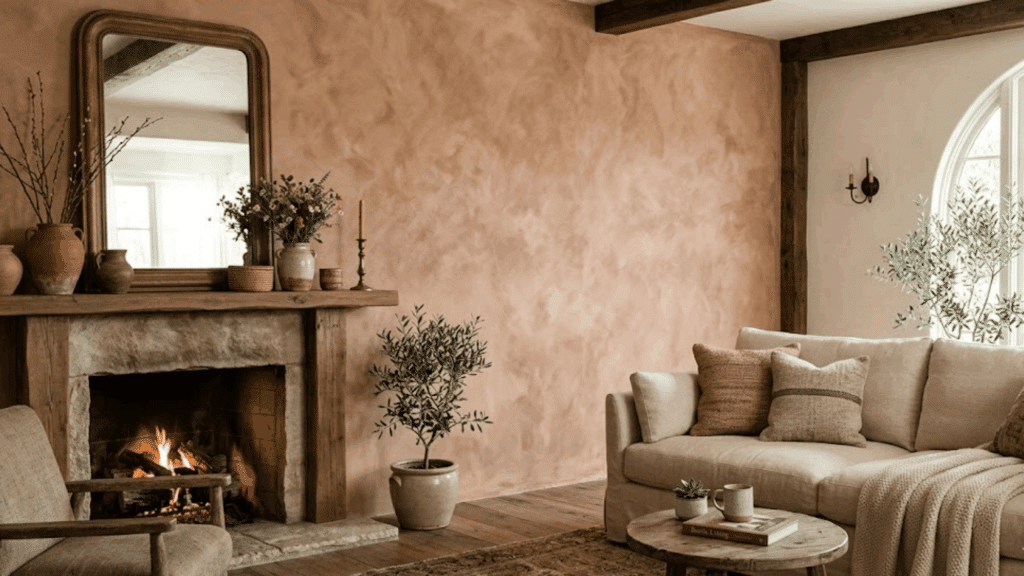 rustic living room with fireplace beige sofa wooden decor and soft warm lighting ambiance