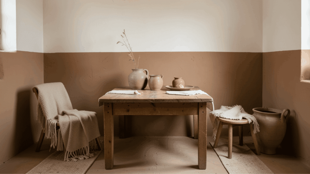 rustic room with wooden table clay pots simple chairs woven rugs and warm earthy walls lit by soft window light