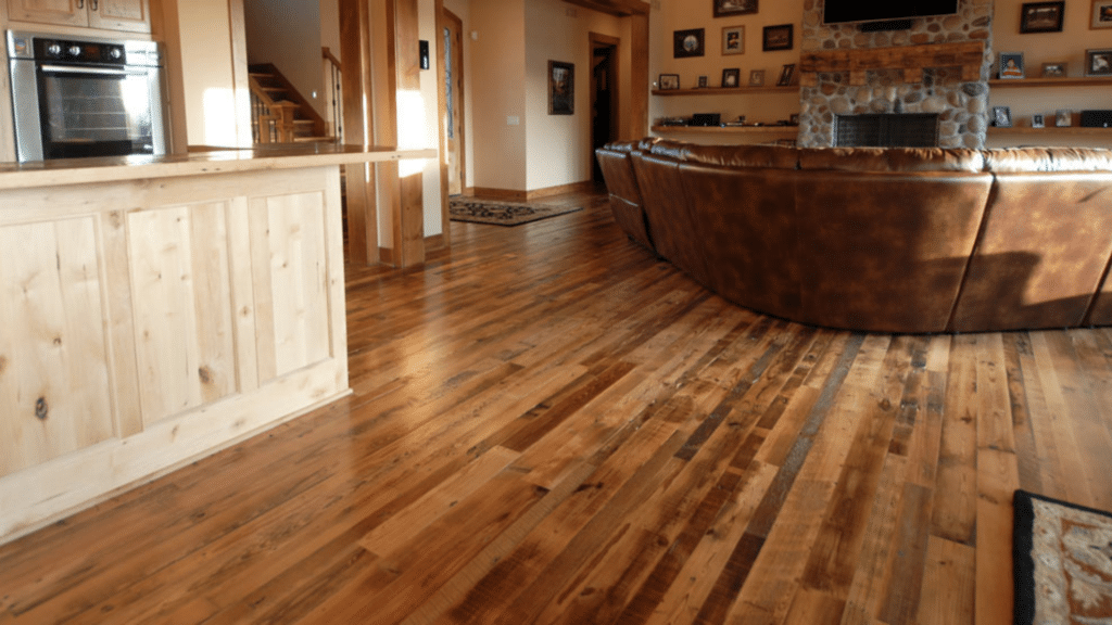 rustic wood flooring inside warm tudor cottage living space