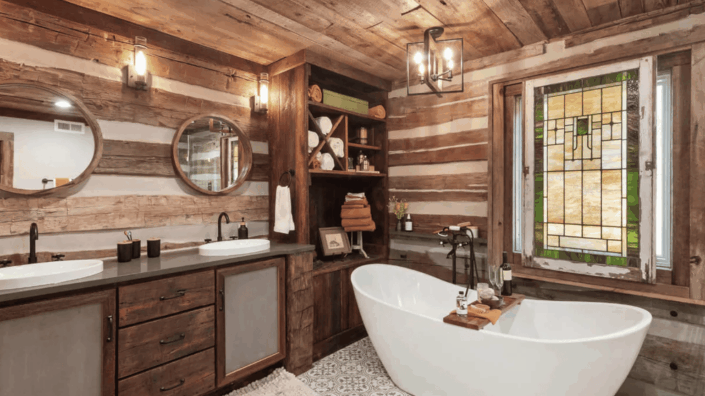 rustic wooden bathroom with double sink vanity large mirror warm lighting and natural wood interior inspired by japanese bathroom design