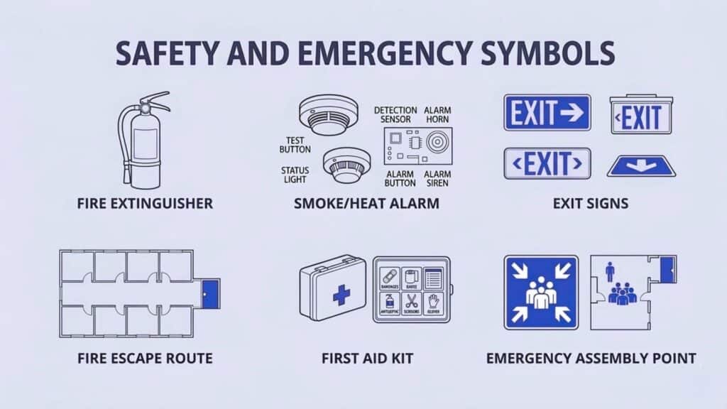 safety and emergency floor plan symbols showing exits alarms extinguishers and evacuation route markers