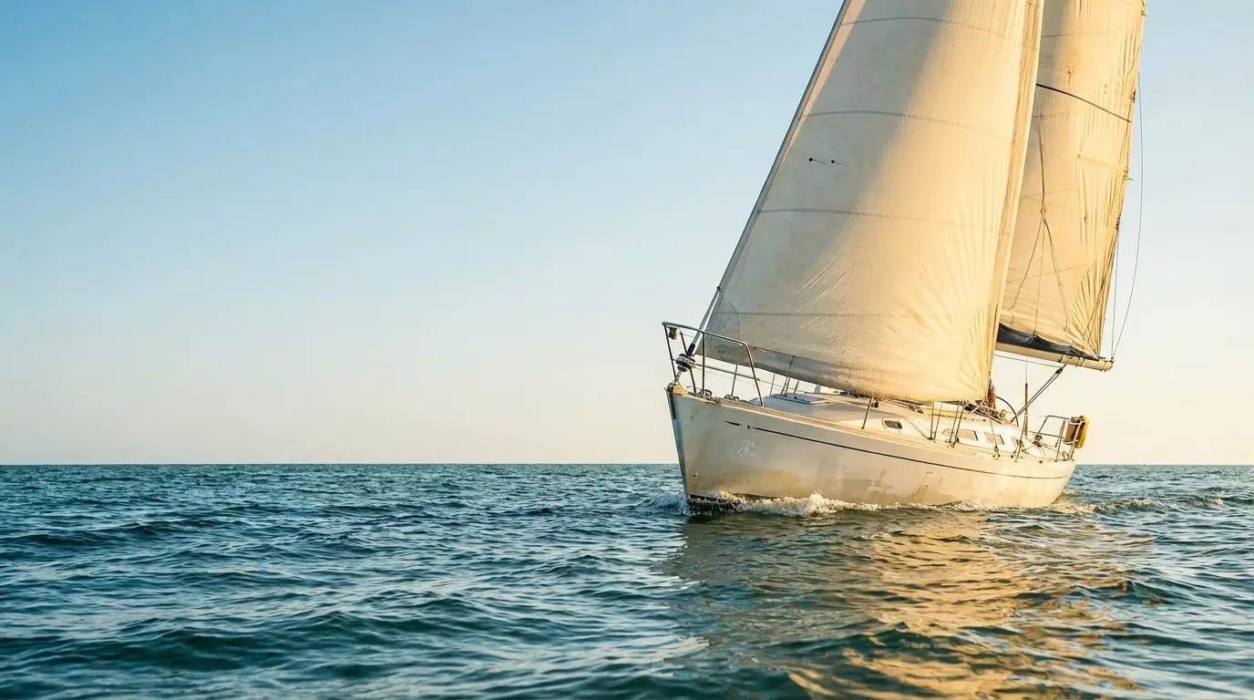 Sailboat with white sails navigating calm ocean under clear blue sky