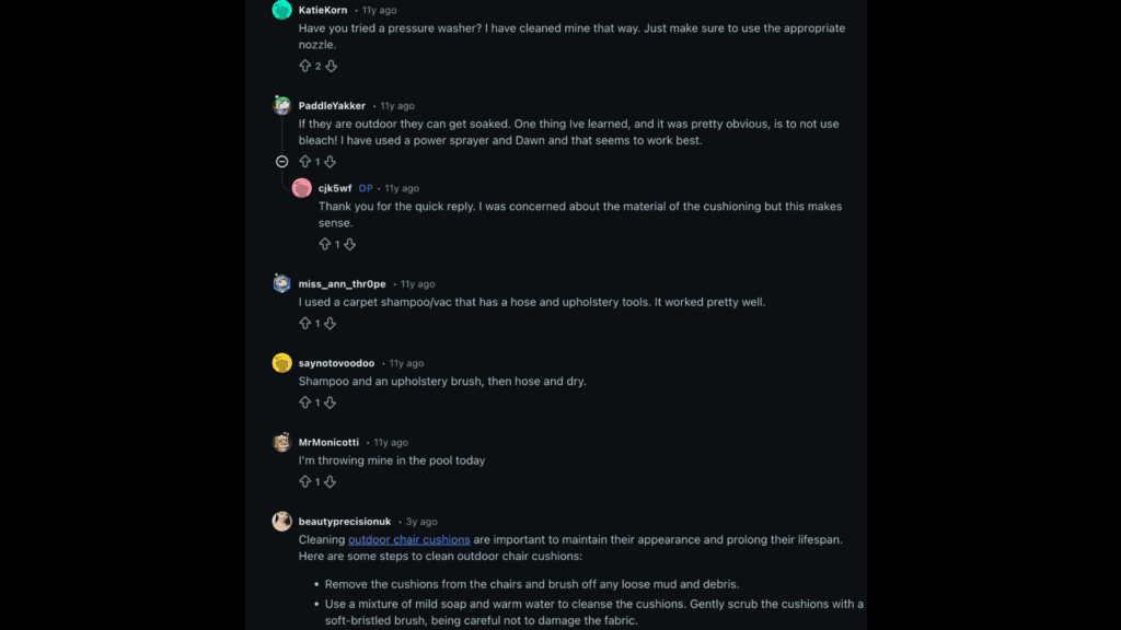 screenshot of reddit comments sharing tips and methods to clean outdoor cushions using soap brush and pressure washer