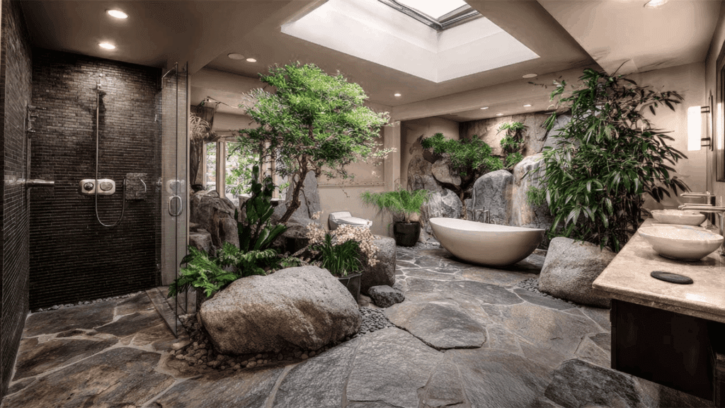 serene indoor spa with stone floor soaking tub greenery and skylight reflecting japanese bathroom design style