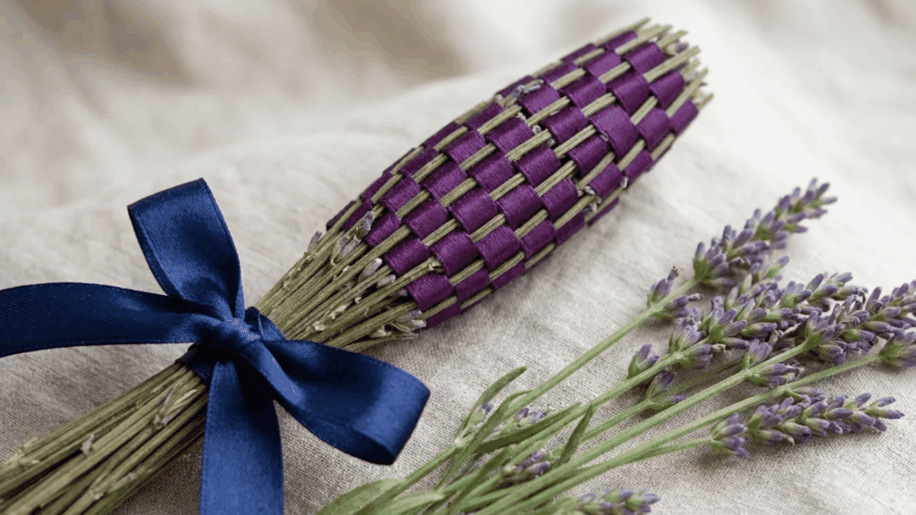 several woven lavender bundles with colorful ribbons on table