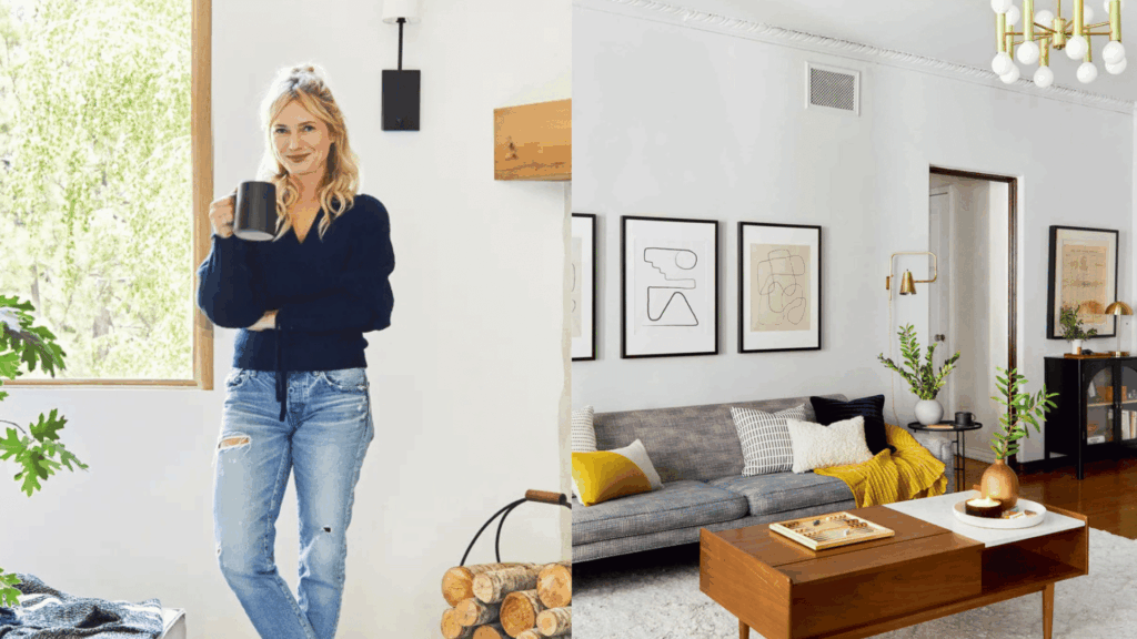 simple modern living room with clean lines and warm wood elements