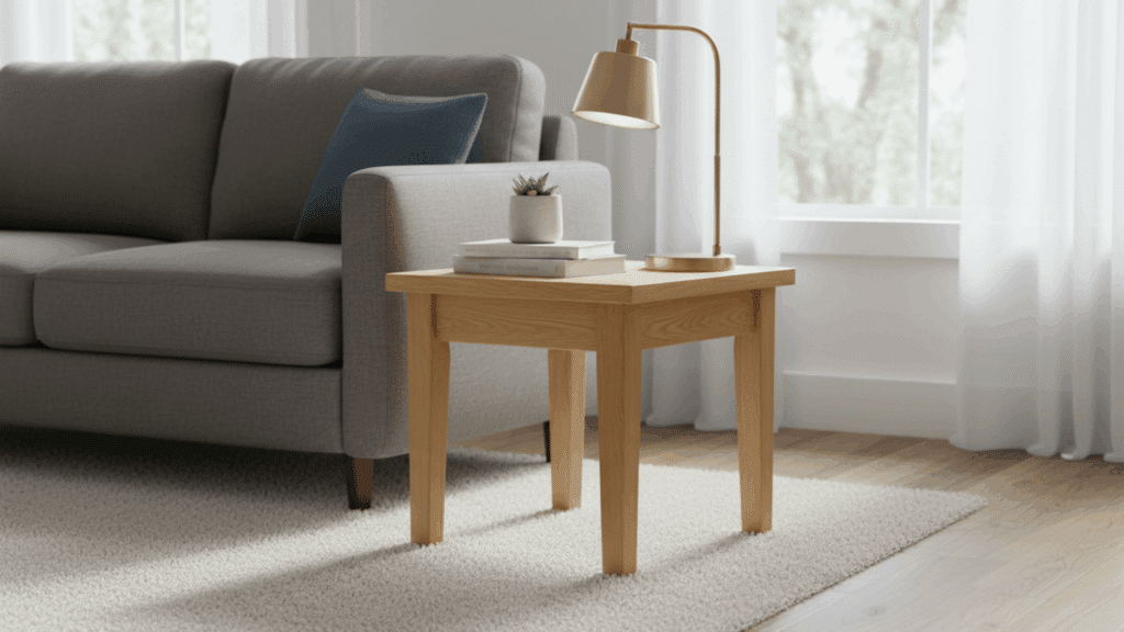 simple wooden end table placed beside sofa with lamp and books for diy home furniture idea