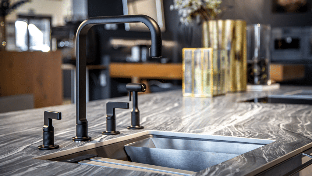 small rectangular stainless steel bar sink with single basin and compact design set into a smooth countertop