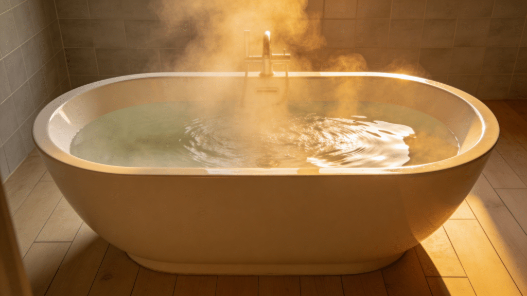 soaking bathtub with steam and warm lighting