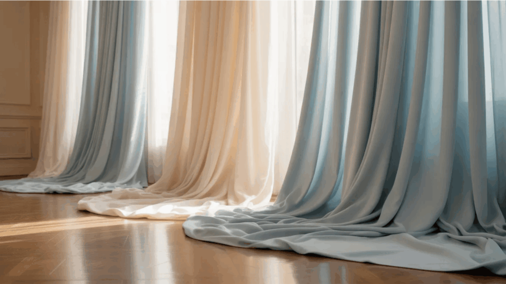soft pastel blue and cream floor length drapes pooling gently on wooden floor elegant curtain styles