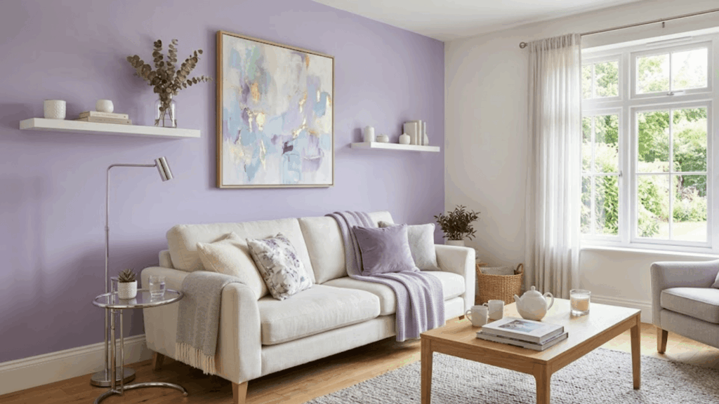 soft pastel living room with light purple wall beige sofa wooden table and bright window light