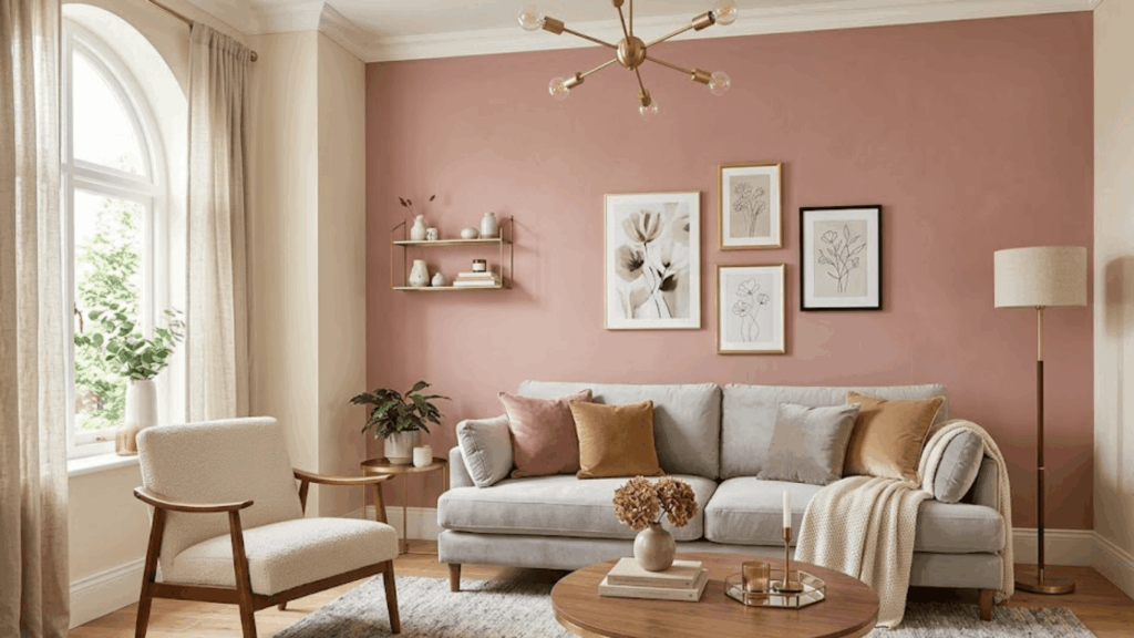 soft pastel living room with pink wall gray sofa wooden table and simple elegant decor