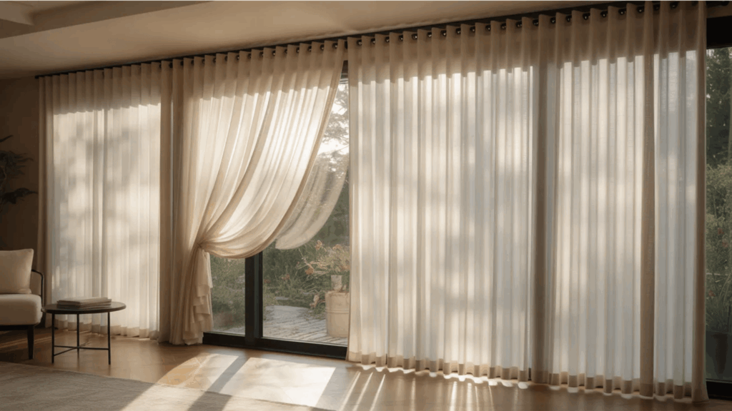 soft sheer curtains flowing across large glass doors with sunlight filling calm modern living room curtain styles