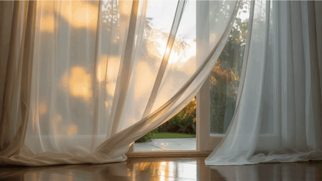 soft sheer curtains flowing by open glass door with warm sunset light entering room curtain styles
