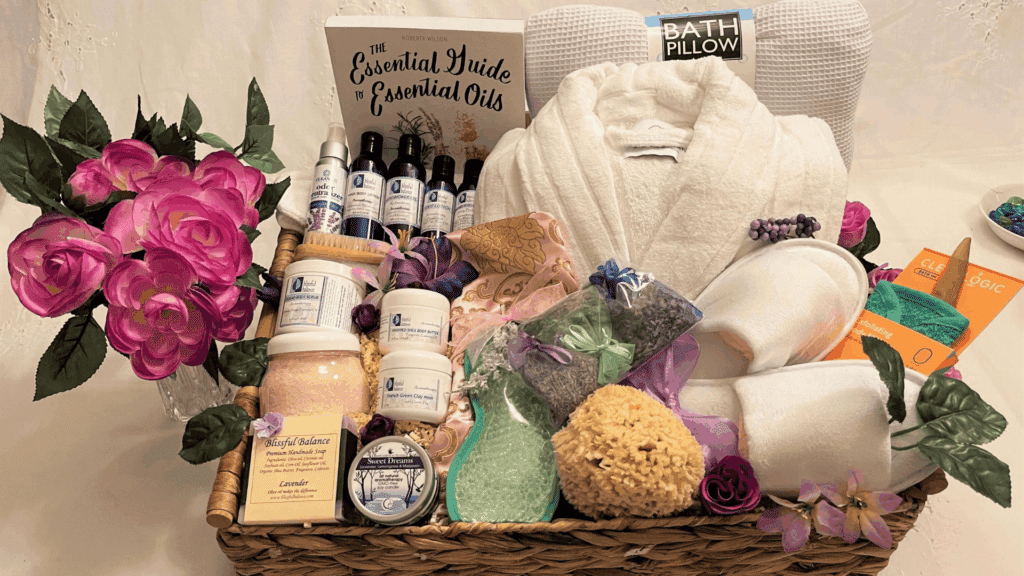 spa gift basket with bath products robe eye mask and bath salts arranged in wicker tray for homemade gifts made easy