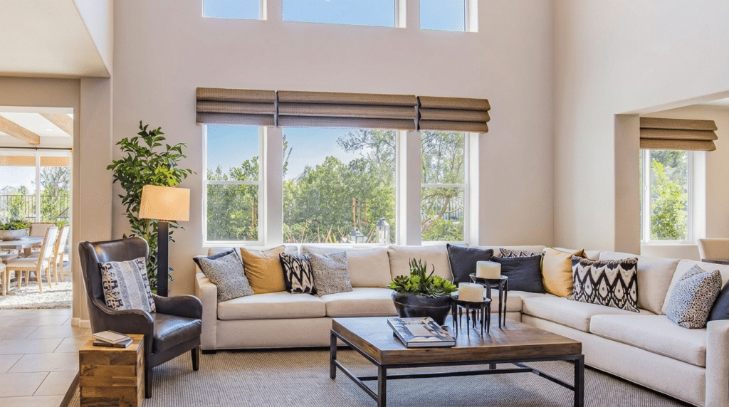 spacious living room with sectional sofa decorative pillows coffee table indoor plant and large windows letting in sunlight