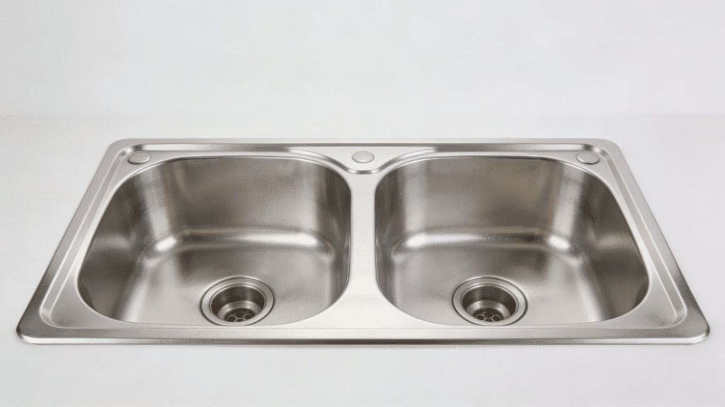 stainless steel double bowl sink with two equal basins and separate drains in a wide rectangular frame