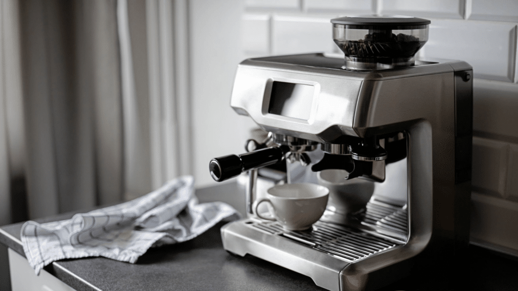 stainless steel espresso machine on kitchen counter with cup showing setup for how to clean coffee maker properly