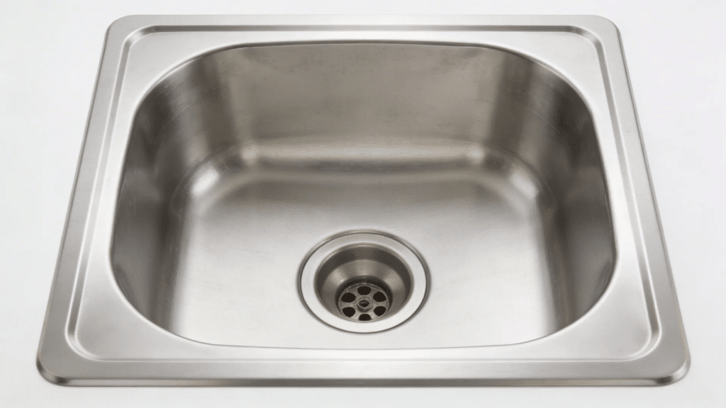 stainless steel single bowl sink with centered drain and smooth rounded corners set in a flat countertop