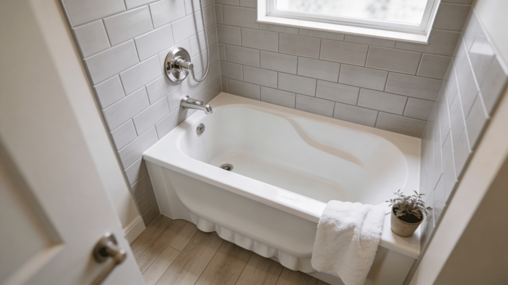 standard alcove bathtub with tiled walls and faucet