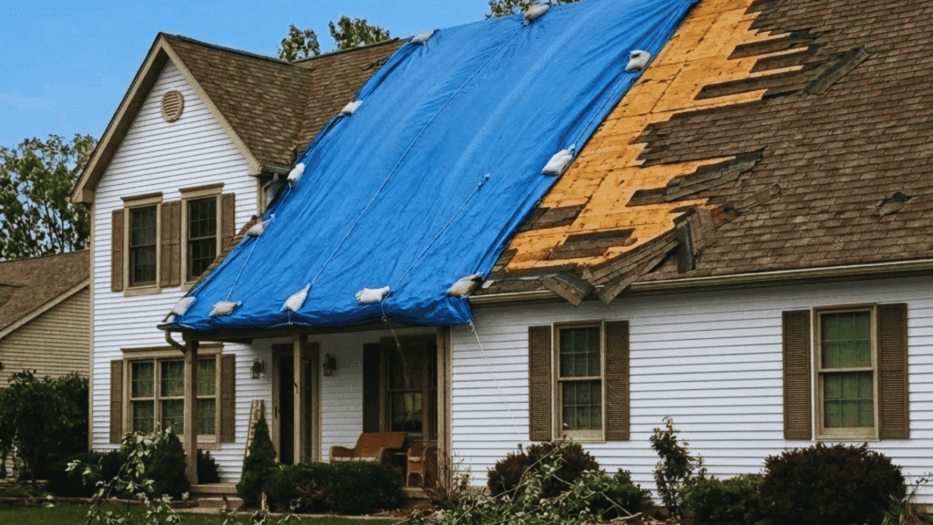 storm damaged house roof with tarp covering missing shingles and debris in yard