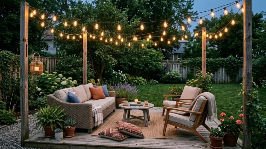 string light canopy seating area with sofa chairs and warm lighting for evening backyard oasis ideas